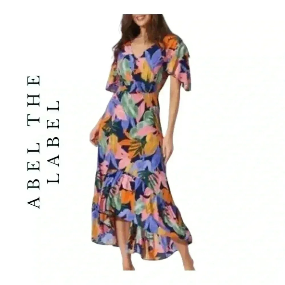 0393W. ABEL THE LABEL MAXI LENGTH DRESS RUFFLES TROPICAL PATTERN SIZE SMALL‎
